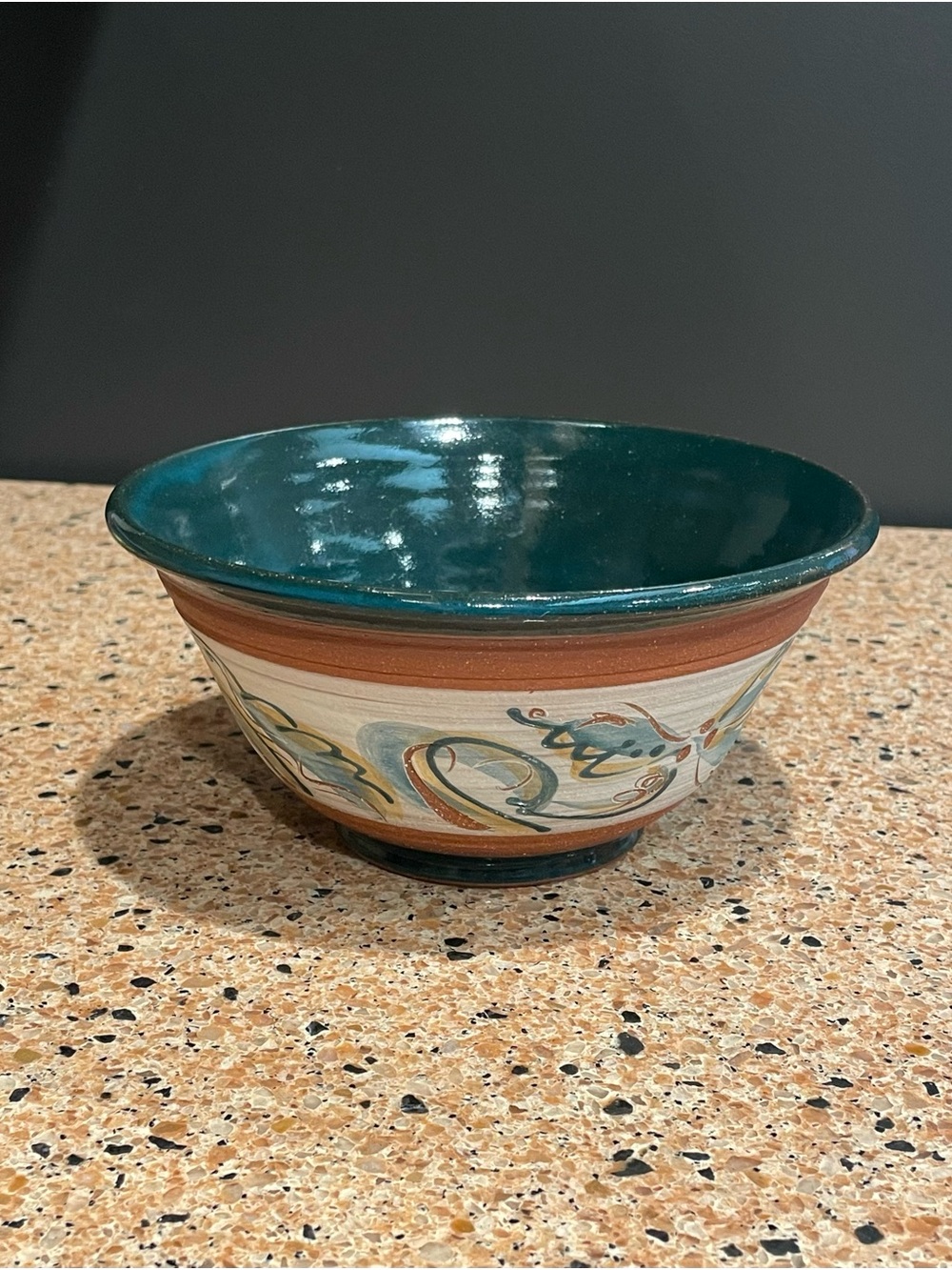 Handmade Ceramic Serving Bowl in Teal and Earth Tones Hand Painted Artist Signed